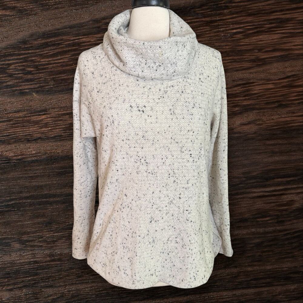 Cynthia Rowley 100% Cashmere‎ Cowl Neck Tunic Sweater Sz M Beige w Dark Flecks